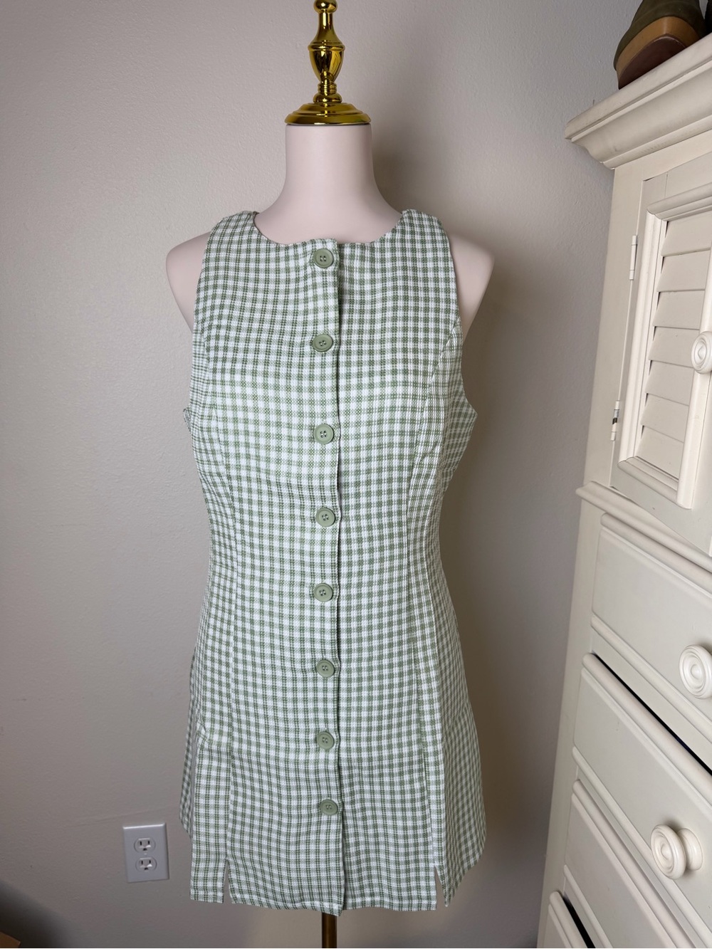 Sleeveless Green Gingham Button-Front Mini Dress